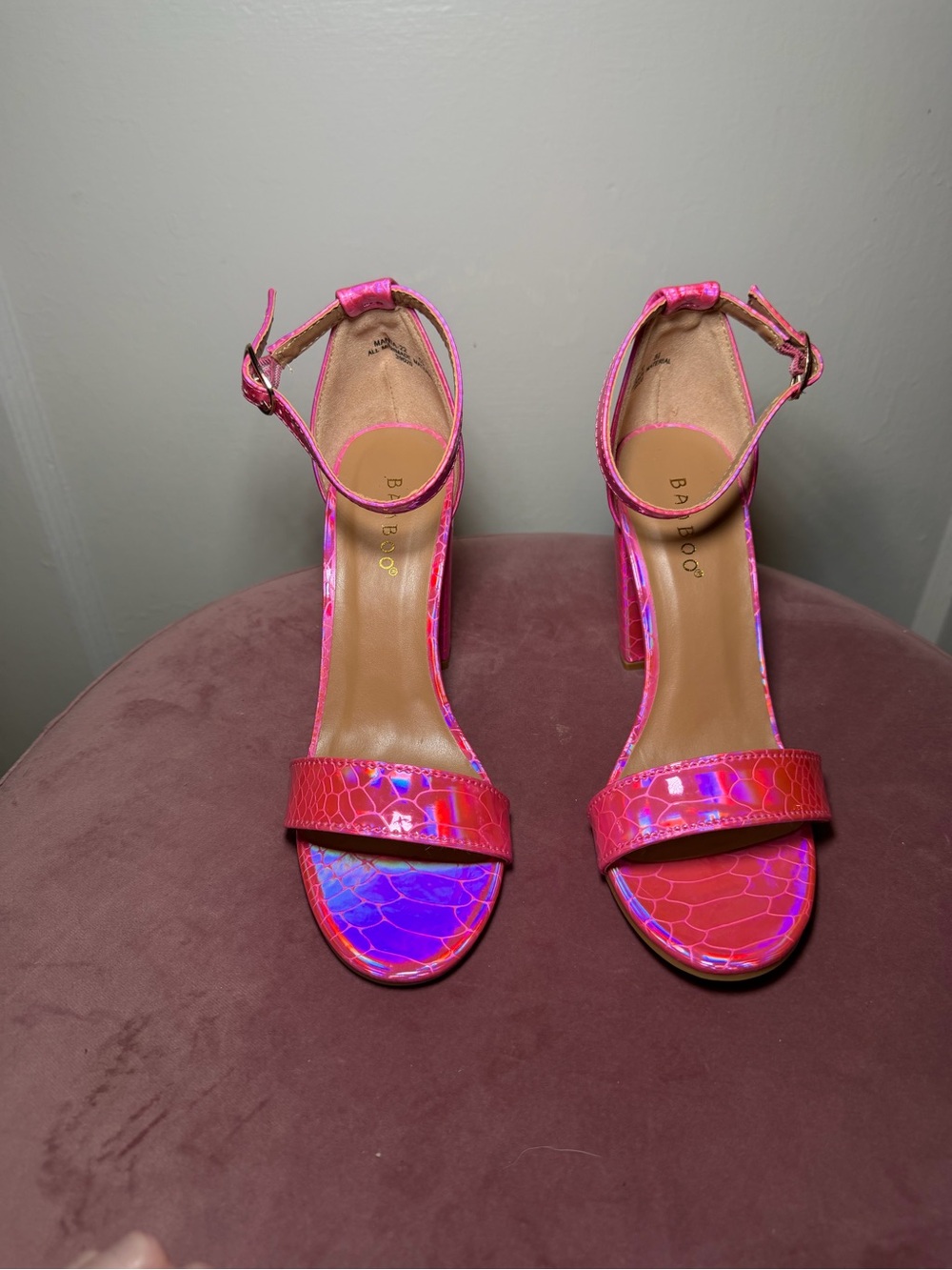 BAMBOO Pink Iridescent Ankle-Strap Block Heel Sandals